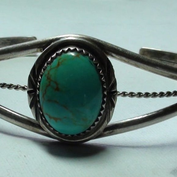 Bracelet Navajo Sterlng Silver & Veined Turquoise - Picture 1 of 4